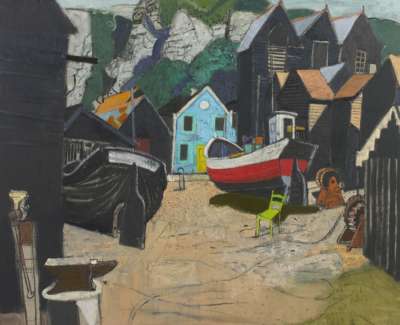 70  Red Boat And Blue House Hastings Oil On Linen 48 X 50 Ins 122 X 127 Cms