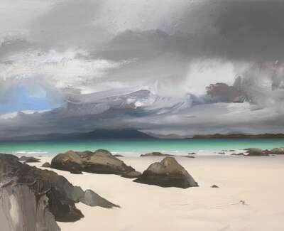 A Bright Beach on Iona and Heavy Clouds over Mull web