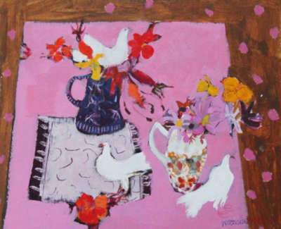 C Woodside Pink Table And Doves Mixed Media 35 5X38Cm