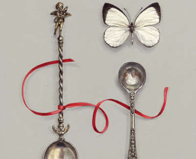 Cherub Spoon With Red Ribbon And Butterfly Acrylic On Board 20 X 16 Cm £600 00