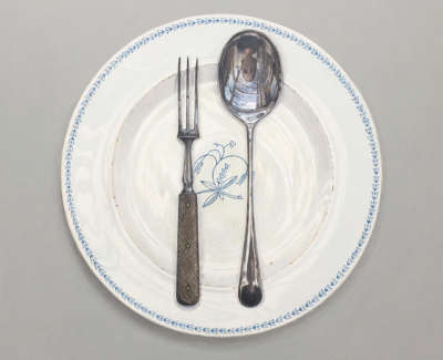 Swedish Plate With Fork And Spoon Acrylic On Board £2300 00