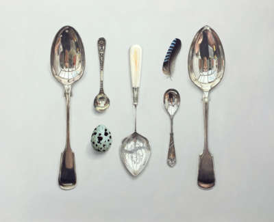 Cutlery With Jay Feather Acrylic On Panel 55 X 65 Cm £2800 00