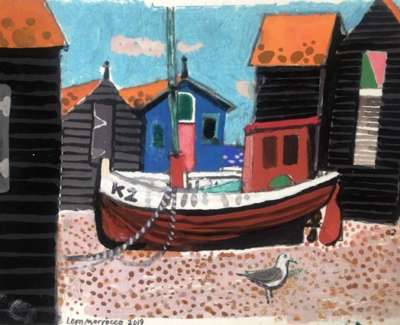 Fishing Hut And Boat Gouache