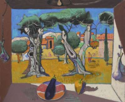 L Morrocco Two Old Olive Trees And Village 34X30