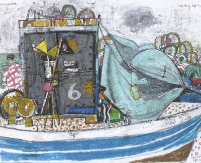 Leon Morrocco Rsa Rgi Fisherman And Boat Cove Bay Pencil And Oil Pastel 30 X 42 Cm
