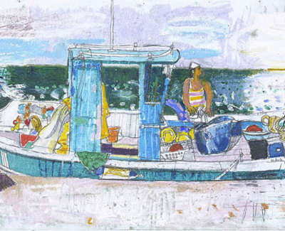 Leon Morrocco Rsa Rgi Fishing Boat On Syros Pencil And Oil Pastel 30 X 84 Cm
