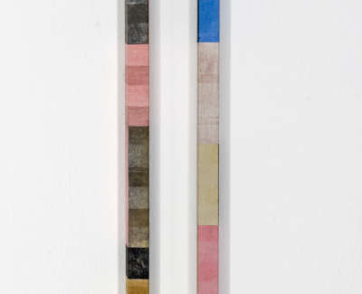 Pink And Blue Mokuhanga On Two Wooden Forms 51 X 9 X 3 Cm