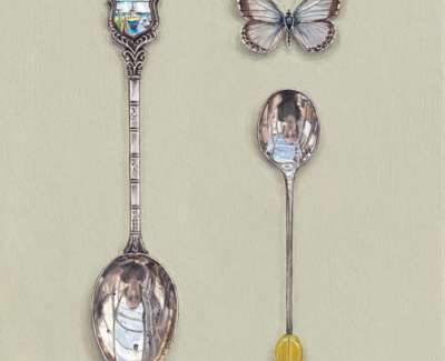 Rachel Ross Blue Butterfly With Souvenir And Coffee Spoon 20X16Cm Acrylic On Board £650