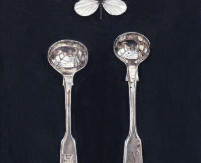 Rachel Ross White Butterfly With Two Salt Spoons 20X16Cm Acrylic On Board £650