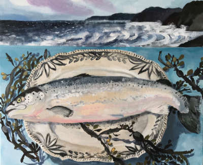 Salmon And Seaweed Mixed Media On Canvas 50 X 60 Cm £1400